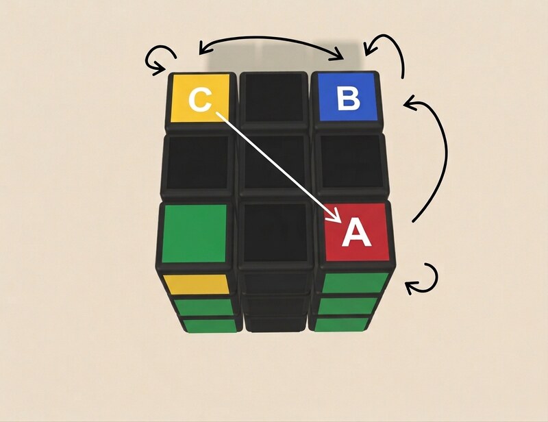 角块三轮换示意：A→B→C→A